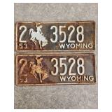 1953 Pair of Matching Wyoming License Plates