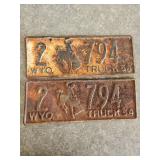 1954 Pair of Matching Wyoming Truck License Plates