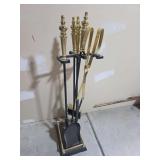 Black iron and polished brass fireplace tool set