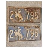 1969 Pair of Blue Matching Wyoming License Plates