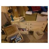 Crafting items, rugs and white storage cabinet (48x17x34) Everything in pictures-Bring boxes to pack