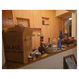 Tea Set, White Ceramic Divided Plates, Vintage Oil Lamp, Oil, Wood Divided Serving Plates, Bowls (Bring Boxes to Pack) - Top of Bar Counter