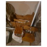 Wooden baby cradle, two wooden children