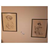 Framed Vintage Artwork -  Pen-and-Ink illustrations - "Gibson Girl" and The Rendez-Vous