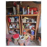 Two shelfs (you can take or leave shelfs) & contents-Flowerpots, fertilizer spreaders, garden shovels, trimmers, garden decorations, tools, toolbox-Bring boxes to pack