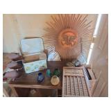 Antique Wash board, glass candles, insulator, sun (32"), metal bread box, wind spinner