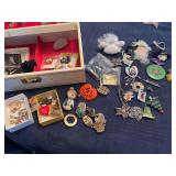 Pins, earrings, buttons and jewelry box