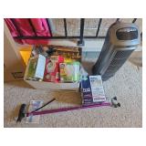 Box of light bulbs, heater, three legged cane