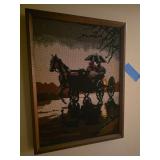 Needlepoint artwork depicting a romantic horse-drawn carriage ride in the rain 13x17