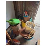 Flowerpots, gardening bench, shovel, trimmers