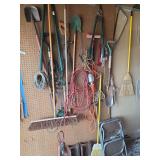 Saw, pitch fork, tree trimmers, branch trimmers, extension cords, stool & more