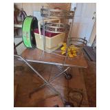 Folding table with wheels, cooler, garden edging, adjustable plant stand, sprinklers