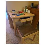 Kids desk or small table with contents on top, Bench
