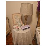 20" Round End Table with Contents, Lamp, Picture, Vase, Sharp Alarm Clock