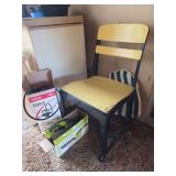 Metal chair, grass and hedge trimmers, yard sprayer