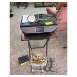 TV tray w HP Envy photo printer, weights, office supplies and two Holy Bibles