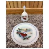 Fenton hand-painted plate with matching bell "Cardinal in the Churchyard, Birds in Winter Series"
