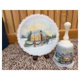 Fenton hand-painted plate with matching bell "Christmas Eve, Christmas Classics Series"