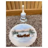 Fenton hand-painted plate with matching bell "Sleigh Ride"