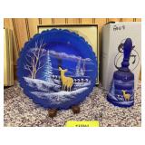 Fenton hand-painted plate with matching bell "Silent Night, Christmas Star Series"