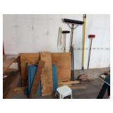 Misc scrap wood brooms and 2 plastic saw horses