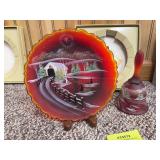 Fenton hand-painted plate with matching bell "The Way Home, Christmas Ruby Series"