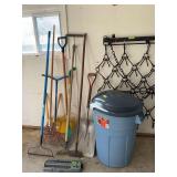 Misc lawn handled yard tools as shown, garbage can and sprinkler