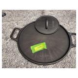 Lodge double handle pizza pan marked 3 P14P and Lodge grill press