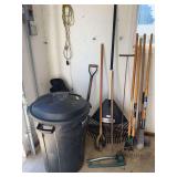 Misc lawn handled yard tools as shown, garbage can and sprinkler