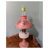 Aladdin oil lamp w Aladdin chimney, Aladdin Model B burner, pink pedestal, milk glass font and hand painted shade