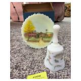Fenton bell music box and plate "The Arrival, Birth of a Savior Series"