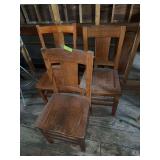 Three straight back dining chairs, seat veneer is rough