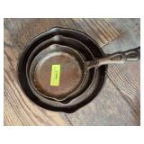Three nested cast iron skillets Marked MSE on back 6.5, 8.5 and 10.5