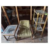 Glass topped side table, shelf and a chair