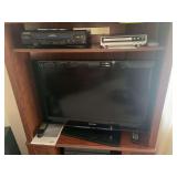 Samsung 32” flatscreen screen v w remote Model LN32B530P7FUZA, Koss dvd player w remote, Panasonic VHS player and corner media cabinet NO STEREO!!!