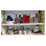 Colored glass, glass and pitcher set, Budweiser steins, china, etc