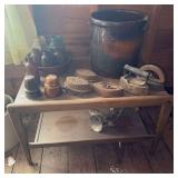 Monmouth Pottery casserole, old bottle, sad irons, grinder, Peoria Pottery 6 gallon crock with several cracks