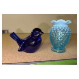 Fenton blue bird and blue hobnail mini vase
