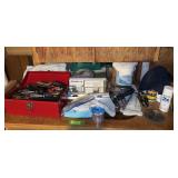 Toolbox w tools, vinyl tile, level, lock set, etc