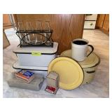 Enamelware, kitchen matches, bottle rack