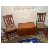 Pair of straight back chairs and wooden lift top trunk 18D x 30L x 18H