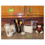 Canister set, kitchen utensils, two slice toaster, spoon rest, cookie jar