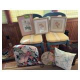 Two chairs, three prints, throw pillows, memory stone
