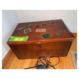 Small lift top wooden trunk 11x18x9H and military patches