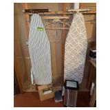 Ironing boards, irons, trash can, broom, mop, etc