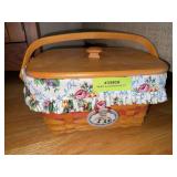 Longaberger basket as shown, liner and protector plus sewing notions inside