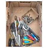 Box Lot Assorted Hand Tools including Screwdrivers, Pliers, and Accessories