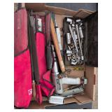 Miscellaneous tools air ratchet Hammer screwdrivers Stanley razor with blades tape measure miscellaneous sockets miscellaneous files