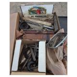 Box of miscellaneous shop items Drill bits hole saw blades right angles meters Harley-Davidson mirror