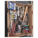 Miscellaneous screwdrivers box cutter vise grips rubber mullet sheet metal shears saw tape measure Hopper gun nozzle kit